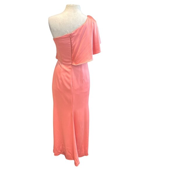 Theia One-Shoulder Coral Maxi Dress W/Ruffle Detail Womens Size 8 Polyester Blen - Picture 3 of 11